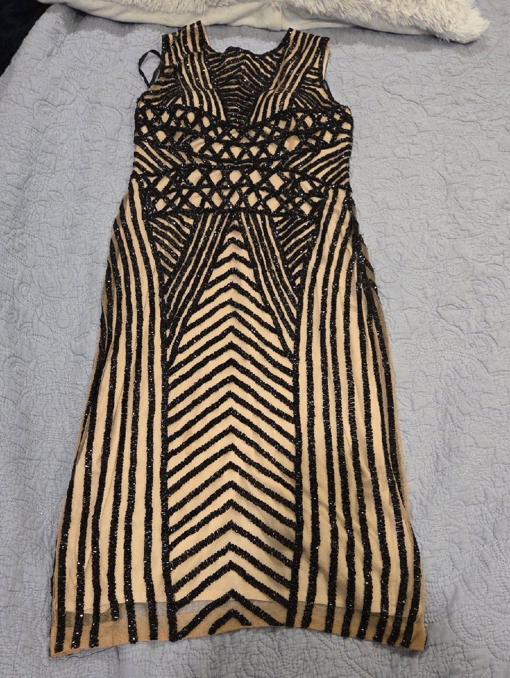 Rachel Gilbert Black Beaded Striped Midi Dress on Nude Size 8!
